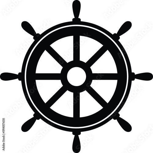 Black and white graphic of a ships steering wheel or helm