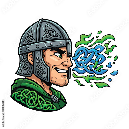 Aggressive Celtic Warrior Shouting with Magical Knotwork Speech Bubble. Viking Mascot Illustration.