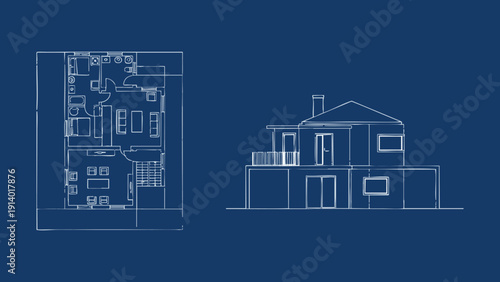 Technical Architectural Blueprint Set Featuring Hand Drawn 2D Floor Plan with Furniture Layout and Side Elevation View of a Modern Residential House on a Blue Background