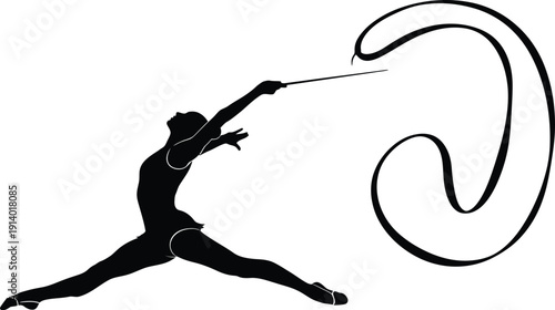 Silhouette of a rhythmic gymnast performing a dynamic ribbon routine mid-leap during a graceful artistic competition