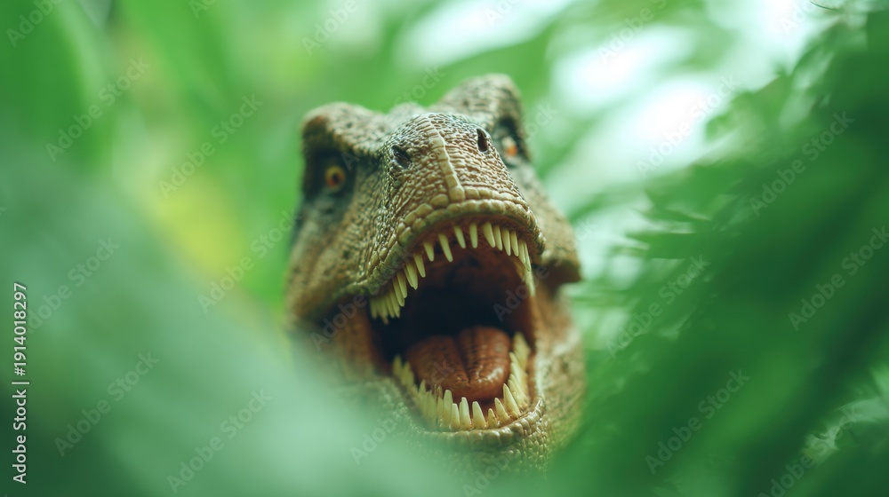 Fototapeta premium Dinosaur model displays among green leaves in a natural setting