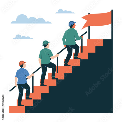 Team of workers climbing stairs to success with flag