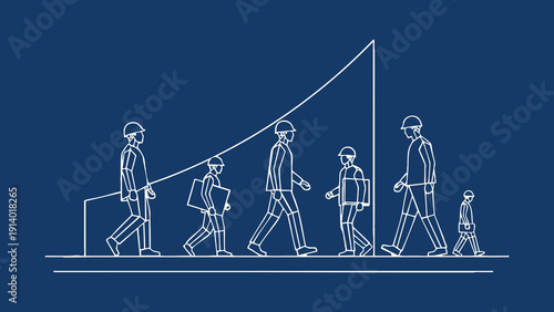 Technical Illustration of Construction Workers in Hard Hats Walking in Front of a Rising Growth Chart Featuring White Hand Drawn Line Art on a Blue Background