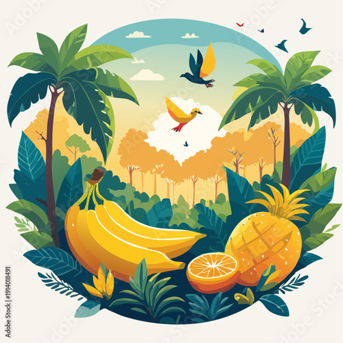 Vibrant Tropical Paradise Illustration Featuring Exotic Fruits and Lush Greenery with Flying Birds