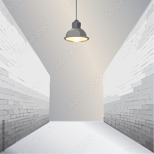 Illustrative empty brick corridor illuminated by a single industrial hanging lamp, creating an enclosed pathway