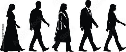 Black silhouettes of diverse men and women walking in a row representing progress movement teamwork community growth and social urban life