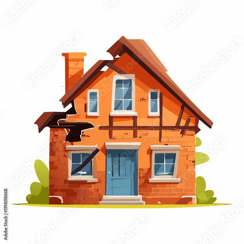 Cartoon-style illustration of an old, damaged brick house with a broken roof and cracked walls, symbolizing neglect or natural disaster