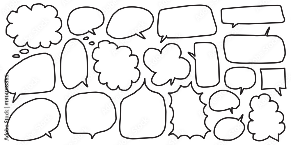 Fototapeta premium A collection of black and white hand-drawn speech and thought bubbles in various shapes and styles.
