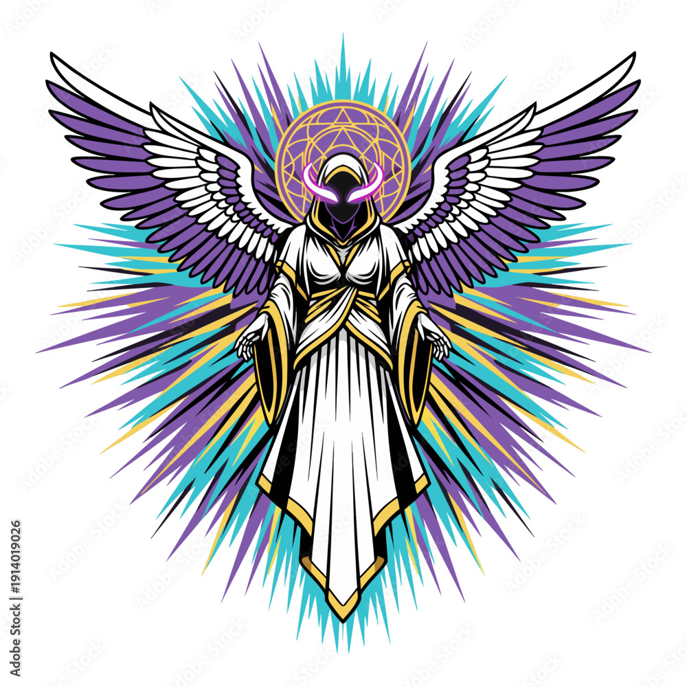 Fototapeta premium Mystical Angelic Being with Glowing Eyes and Wings Illustration