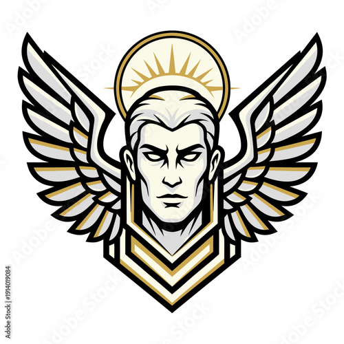 Striking illustration of a majestic winged guardian with a golden halo, embodying spiritual power and noble defense