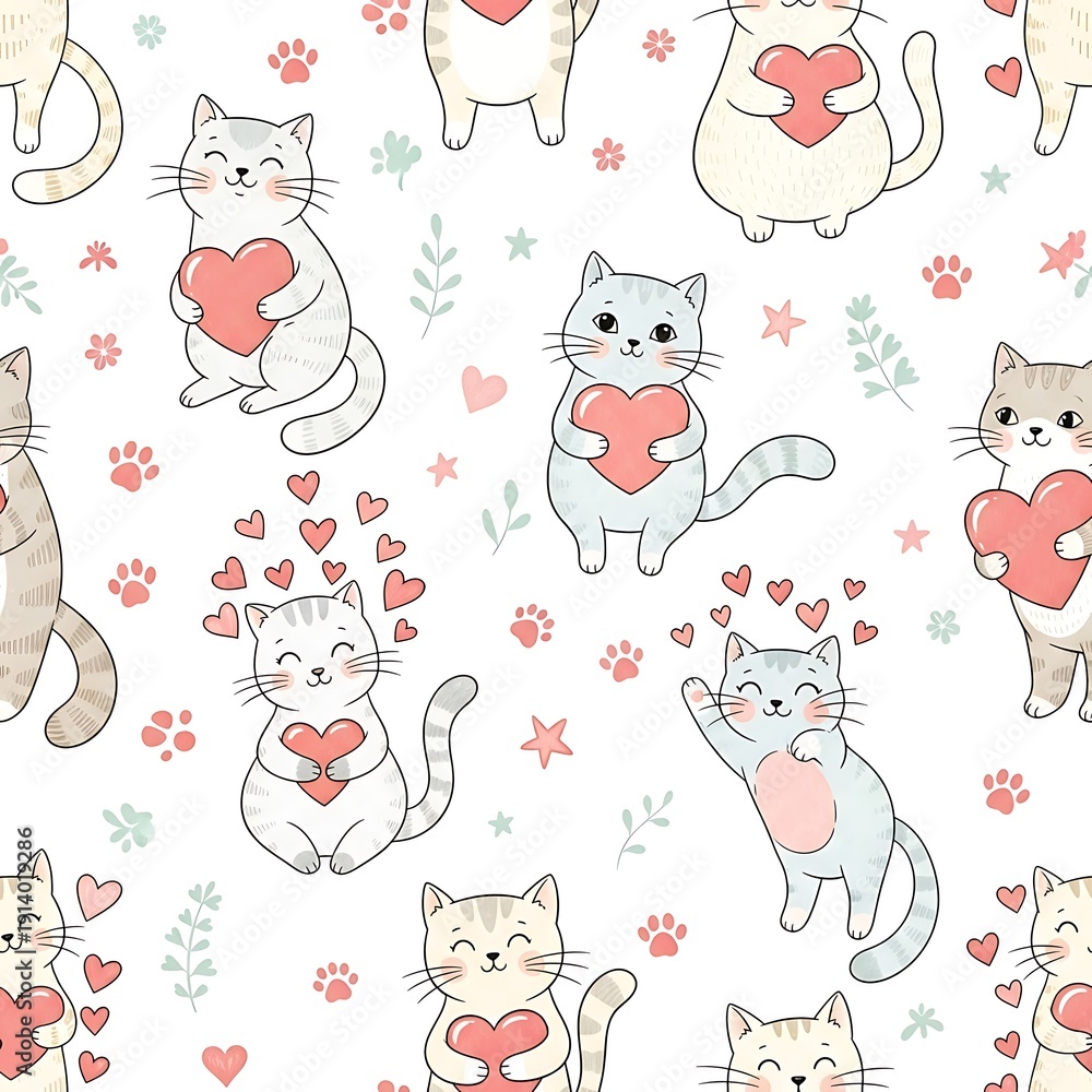 Fototapeta premium Adorable Feline Love Pattern