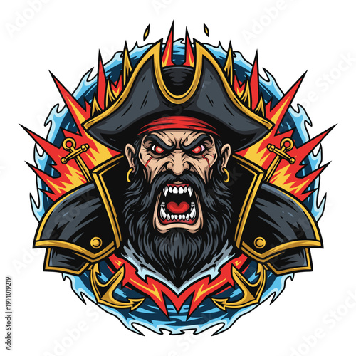 Intense and fierce pirate captain character illustration in a dynamic emblem style, showcasing powerful rage and adventurous spirit