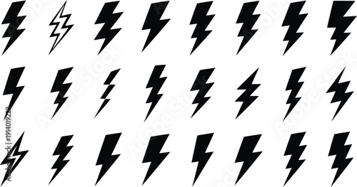 Assorted black lightning flash pictograms neatly organized in rows on an expansive pure white background
