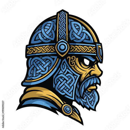 Fierce Viking Warrior Head Logo Mascot Profile with Celtic Knotwork Blue and Gold Armor Vector Illustration