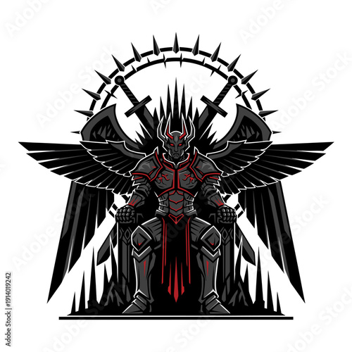 Mighty Armored Shadow Lord on Throne with Spiked Wings and Swords, Dark Fantasy Illustration Vector Art