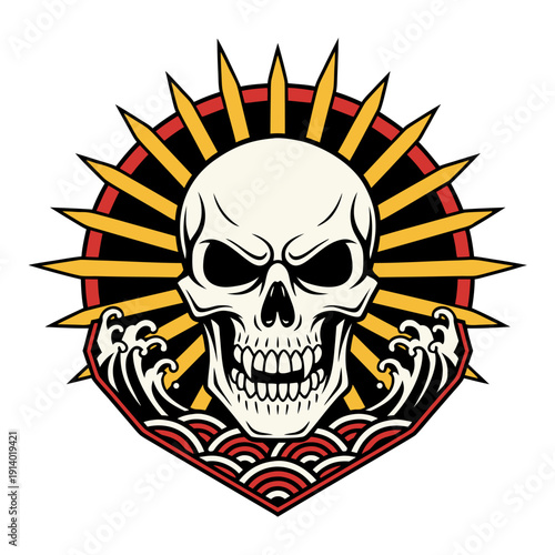 Skull With Sun and Waves Japanese Style Illustration
