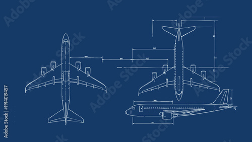 Technical Aerospace Blueprint of a Commercial Passenger Airplane Featuring Top and Side Elevation Views with Measurement Lines on a Blue Background