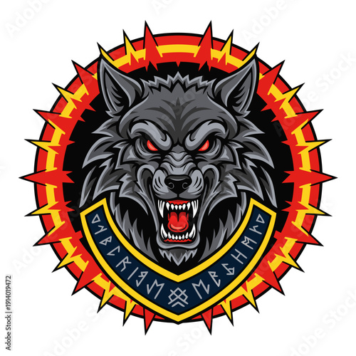 Fierce Wolf Head Emblem with Norse Runes and Fiery Border