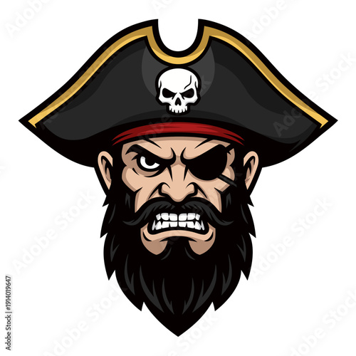 Fierce Pirate Captain Head Mascot Illustration with Eye Patch and Full Beard