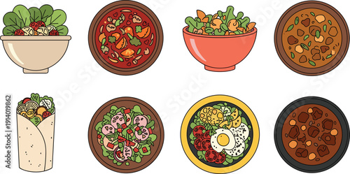 Healthy salad and bowl meals set illustration. Fresh vegetables, wrap and hot dishes collection. Flat food vector isolated design.