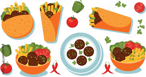 Falafel wrap and bowl set illustration. Middle Eastern street food with fries and vegetables. Flat fast food vector collection.