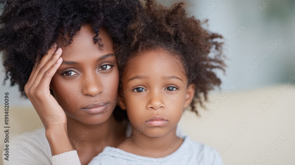 Obraz premium Mother and child sit closely with serious expressions at home during the day