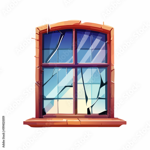 Distressed old window featuring fragmented glass panels and weathered wood, a symbol of neglect or abandonment