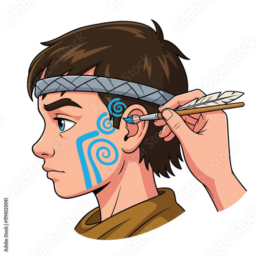 Hand Painting Tribal Blue Spiral Face Paint onto a Young Man. Cartoon Vector Illustration of Ritual Body Art and Ceremony Preparation.