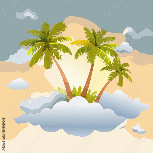 Whimsical tropical paradise island with lush palm trees floating above the soft clouds under a serene sky
