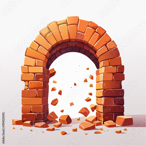 Illustration of a brick archway dramatically collapsing, with bricks falling and scattered on the ground