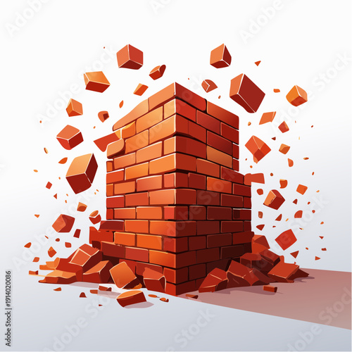 Explosion of red bricks, symbolizing destruction and construction