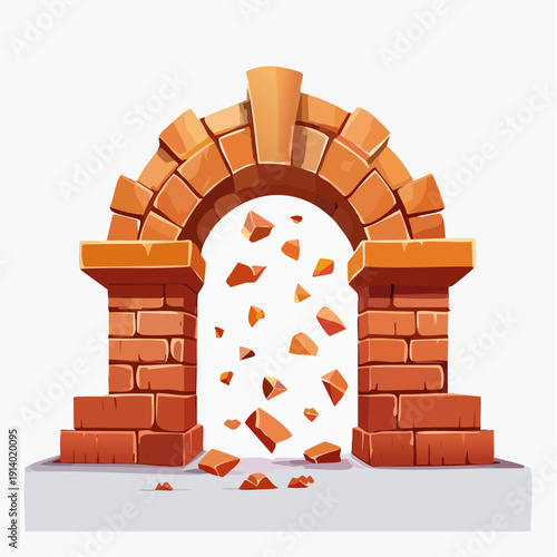 Ancient Brick Archway Crumbling with Debris Falling Downward