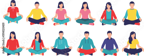 Diverse flat vector collection of people sitting in lotus pose, practicing meditation, yoga, mindfulness, and mental wellness for healthy lifestyle.