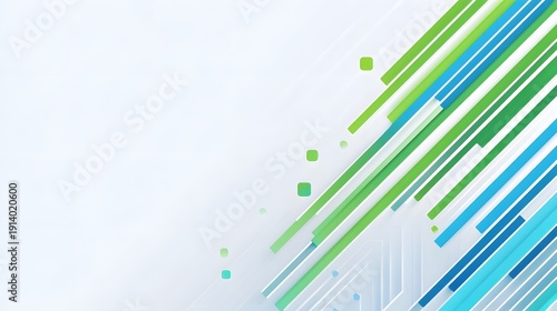 Abstract geometric background featuring layered diagonal stripes and squares in green blue and cyan creating a modern clean and dynamic digital design