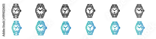 Set of Wristwatch Icons in Outline and Gradient Styles
