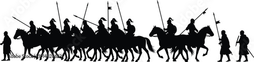 Black silhouette of a medieval cavalry unit with armored knights on horses carrying spears and banners walking in a line for historical war concept
