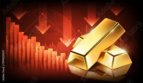 Gold bars with red downward financial graph and arrows. Concept of falling gold market price, economic crisis, and investment loss, vector illustration