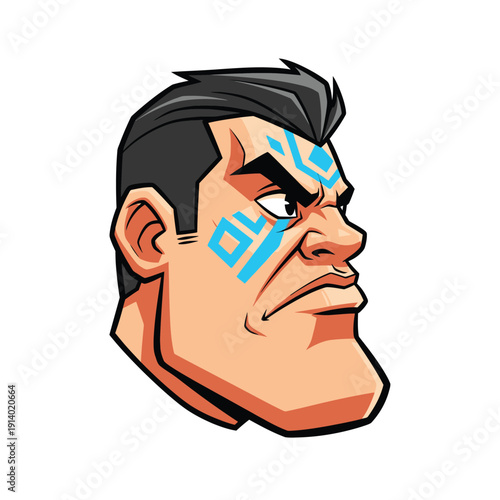 Muscular Esport Character Profile Head with Futuristic Blue Tribal Markings. Vector Illustration of an Angry Comic Book Hero or Gaming Mascot on White.