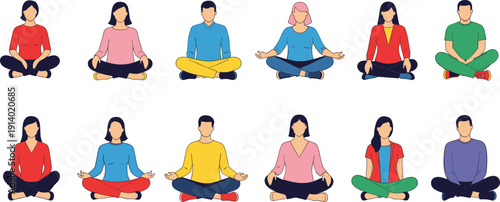 Diverse group of people sitting in yoga lotus pose practicing mindfulness meditation mental health wellness flat vector illustration white background.