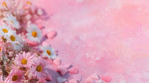 Flowers and candy hearts on pink background for celebration and decoration