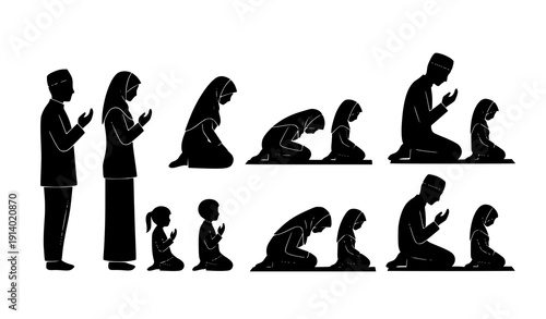 Minimal Muslim Prayer Silhouette Vector Icons – Individual & Family