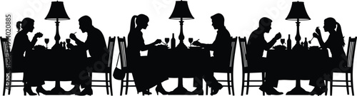 Black silhouette of romantic couples dining at a luxury restaurant table with wine and lamps for fine food and date night celebration concept