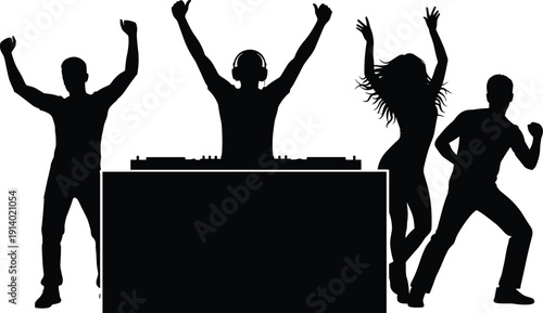 DJ silhouette performing at club party with cheering people dancing in nightclub background, vector illustration of musical event and nightlife.