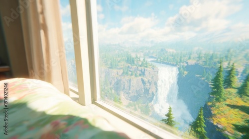 View from a bedroom window overlooking a waterfall and forest landscape