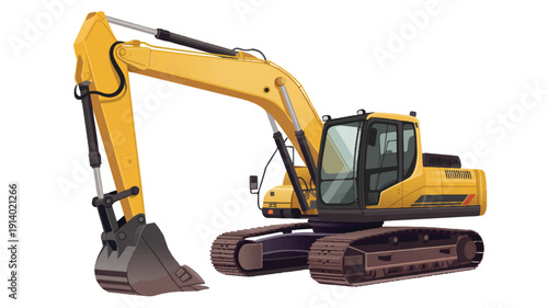 yellow excavator machine with long arm and bucket on tracks