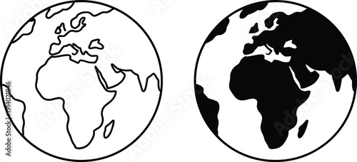 Black and white illustration of two earth globes side by side