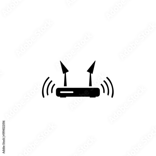 Black and white illustration of a wireless router emitting signal waves