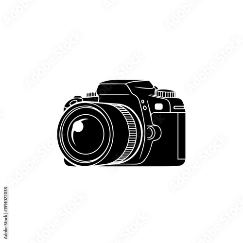 Classic black and silver dslr camera with interchangeable lens