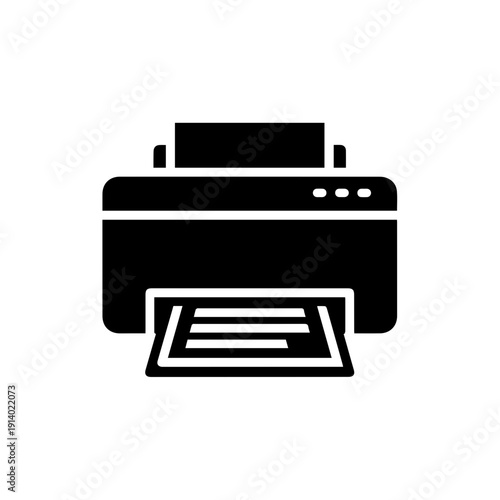 A sleek black and white printer icon with paper tray and output slot.