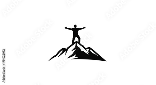 Triumphant person standing on mountain peak with arms outstretched in victory or achievement, symbolizing success and freedom in a scenic outdoor landscape
